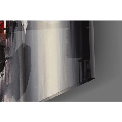 Abstract glass wall art with bold black, white, gray brushstrokes