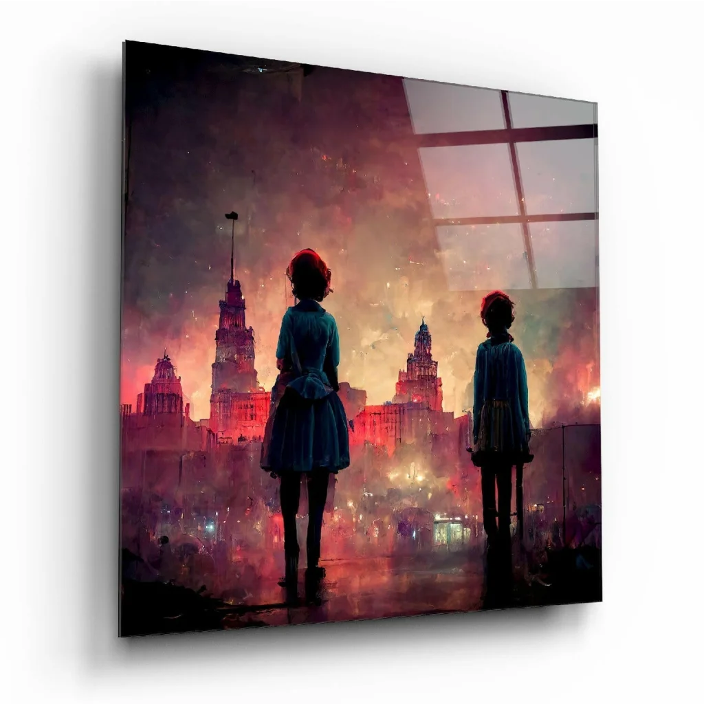 Fiery cityscape glass wall art with blue silhouetted figures