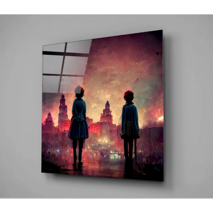 Fiery cityscape glass wall art with silhouetted figures in blue dresses