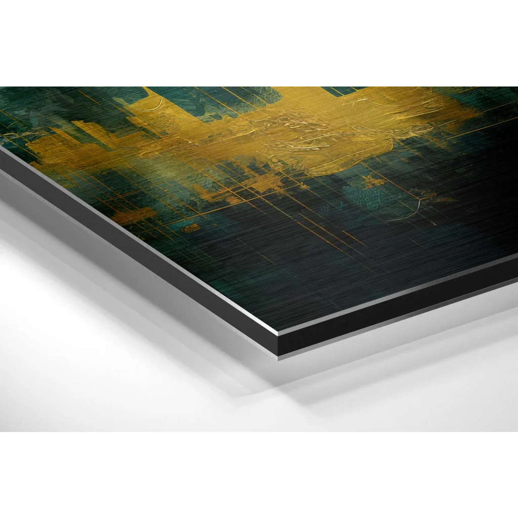 Gold teal abstract art print on brushed aluminium dibond panel