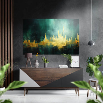 Gold teal abstract art on brushed aluminium dibond panel