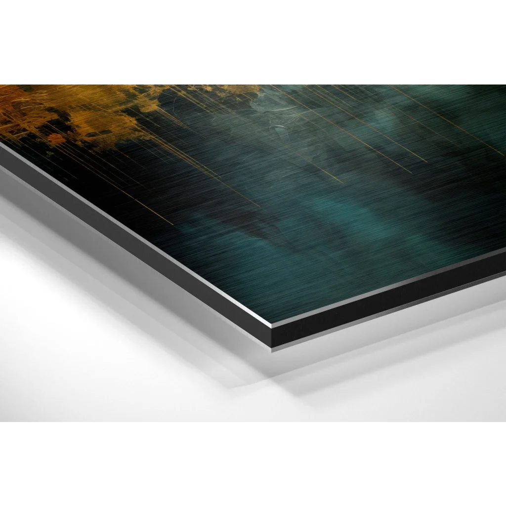 Stunning teal gold brushed aluminium dibond art print in sleek black frame