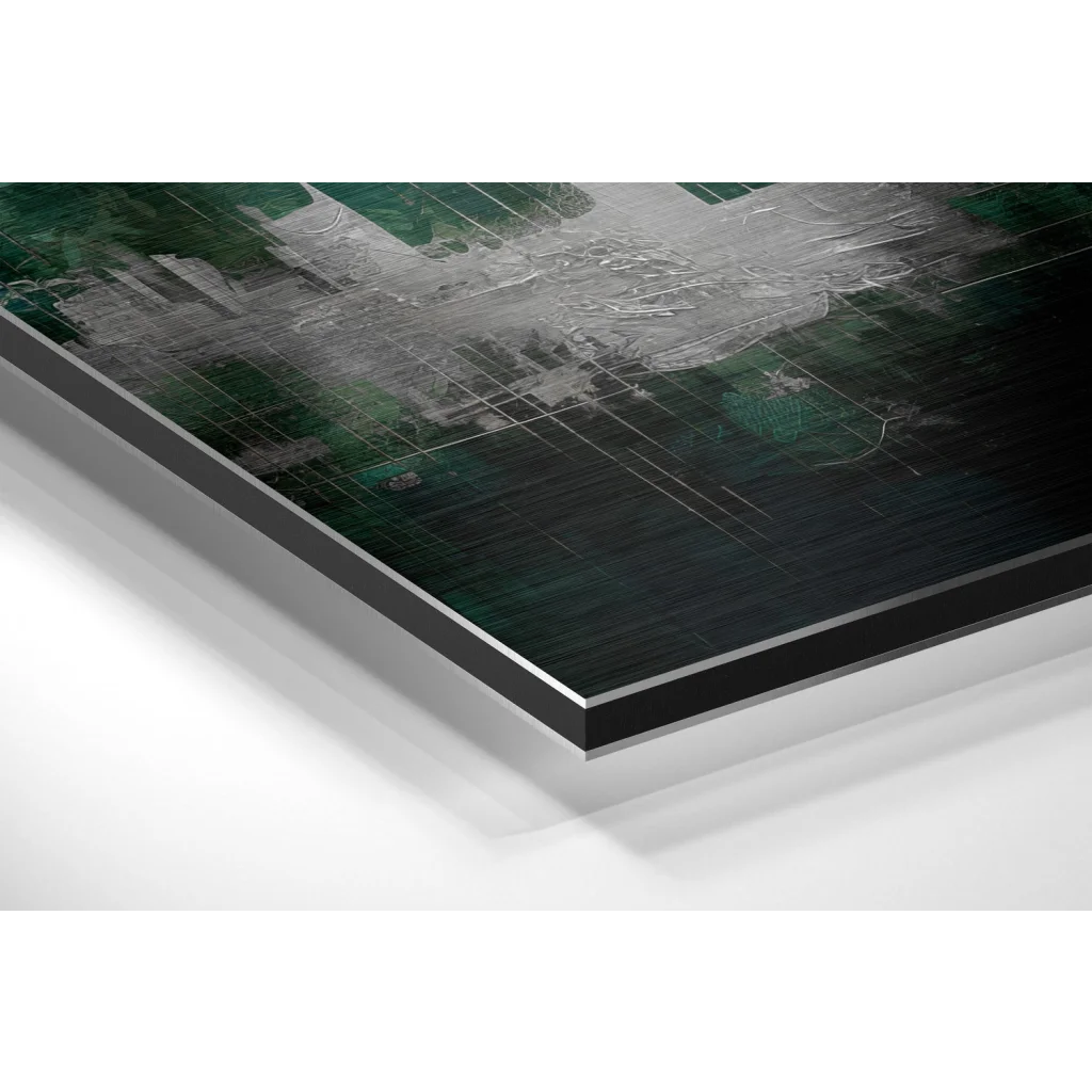Glass Wall Art Modern emerald abstract art on brushed aluminium dibond in sleek black frame