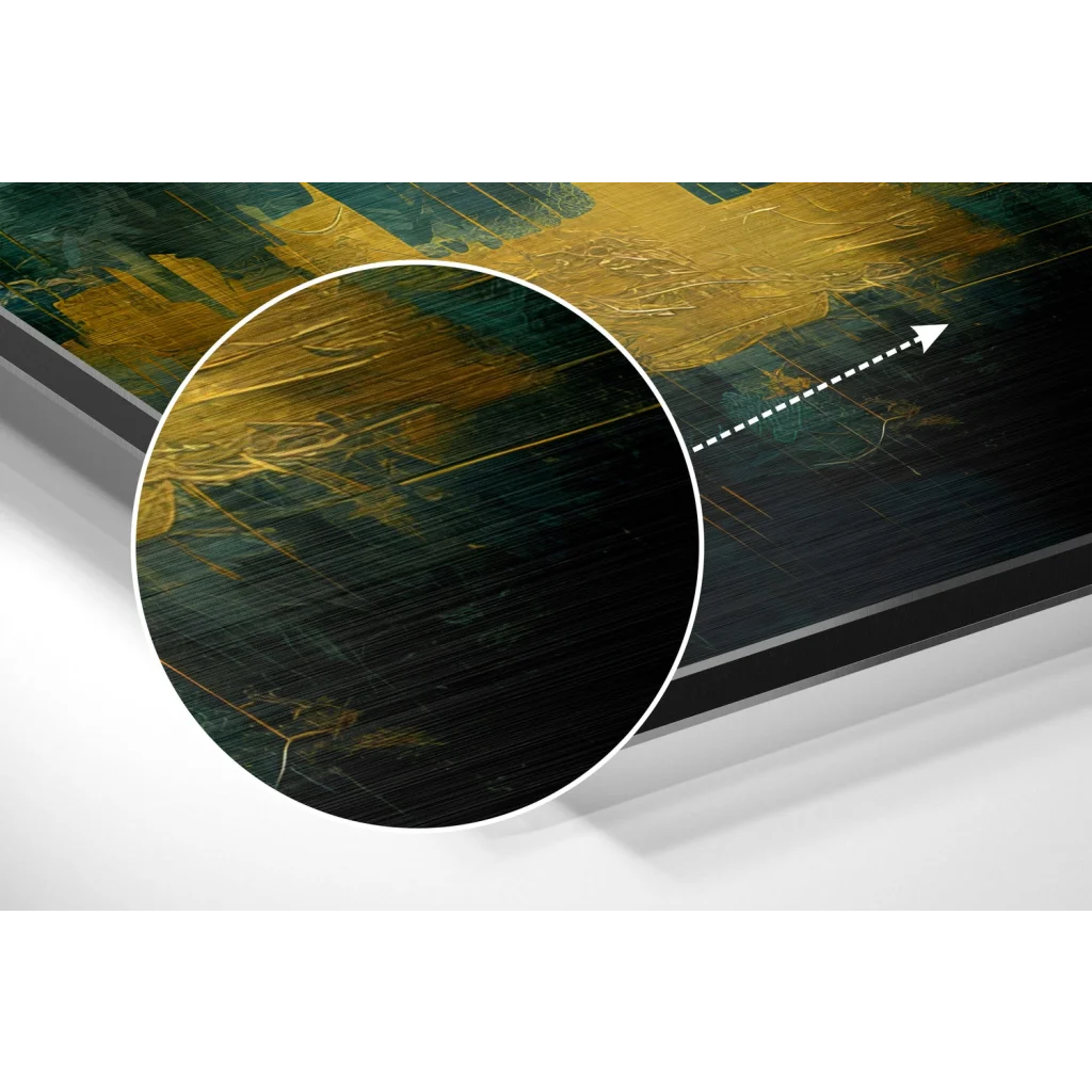 glass wall art Gold teal abstract art on brushed aluminium dibond panel