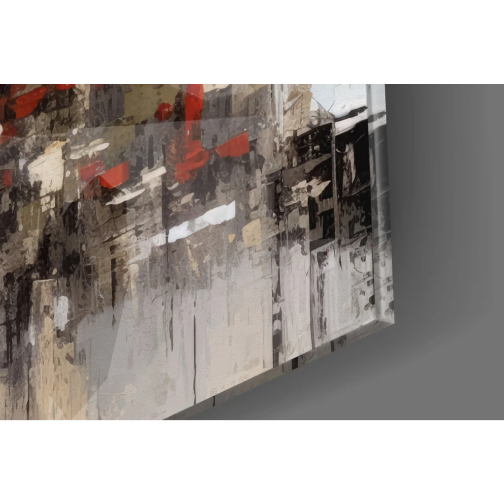 Bold red cityscape glass wall art canvas with textured gray strokes