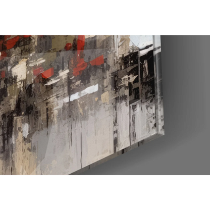 Bold red cityscape glass wall art canvas with textured gray strokes