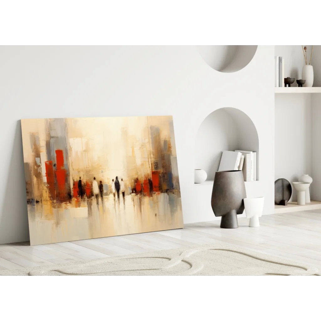 Abstract bold red beige glass wall art of urban silhouetted figures