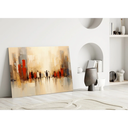 Abstract bold red beige glass wall art of urban silhouetted figures