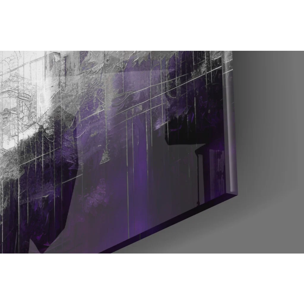 Modern purple cityscape glass wall art with black textured layers