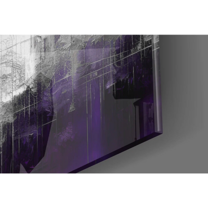 Modern purple cityscape glass wall art with black textured layers
