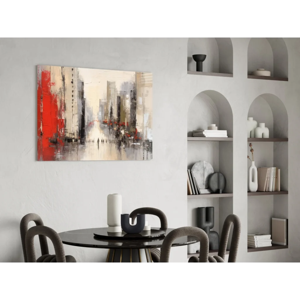 Bold red cityscape glass wall art on canvas with gray beige black tones