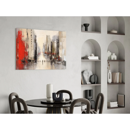 Bold red cityscape glass wall art on canvas with gray beige black tones