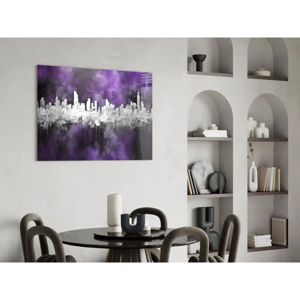 Stunning purple and silver cityscape wall art with reflections