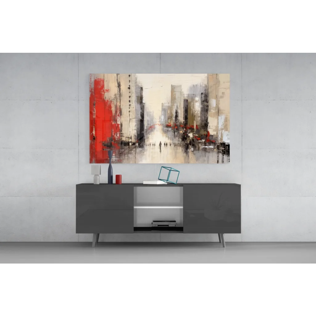 Bold red cityscape glass wall art with abstract brushstrokes