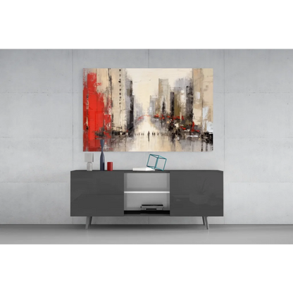 Bold red cityscape glass wall art with abstract brushstrokes