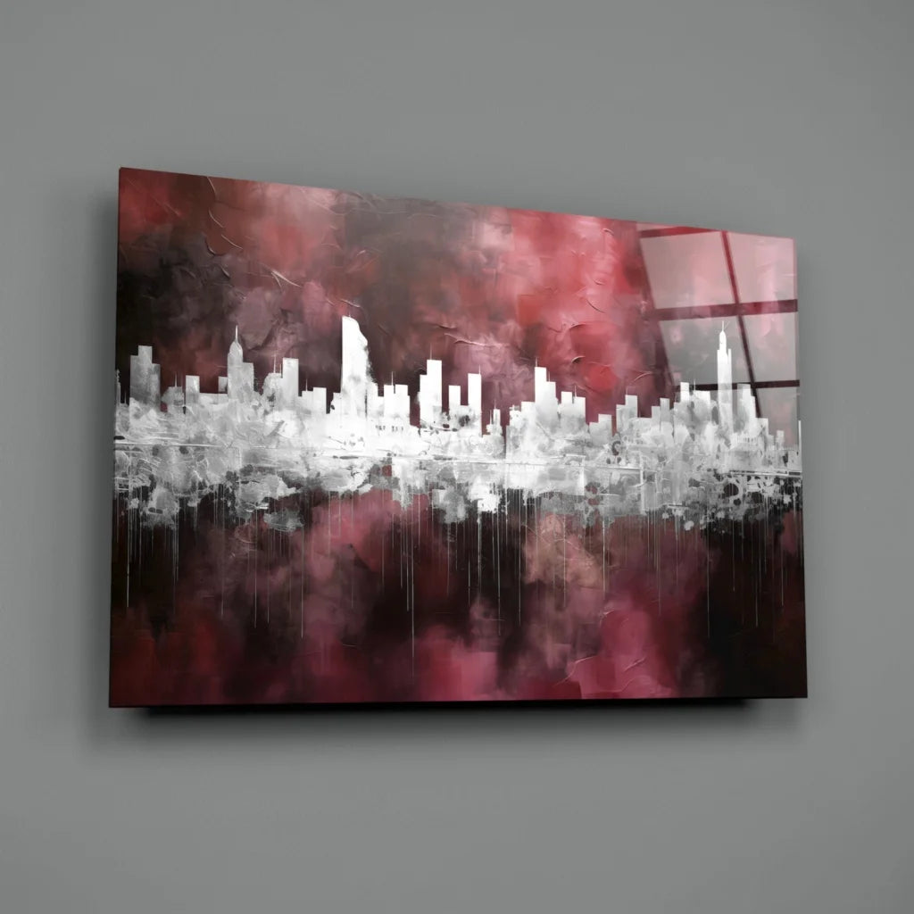 Urban skyline glass wall art with bold red black design