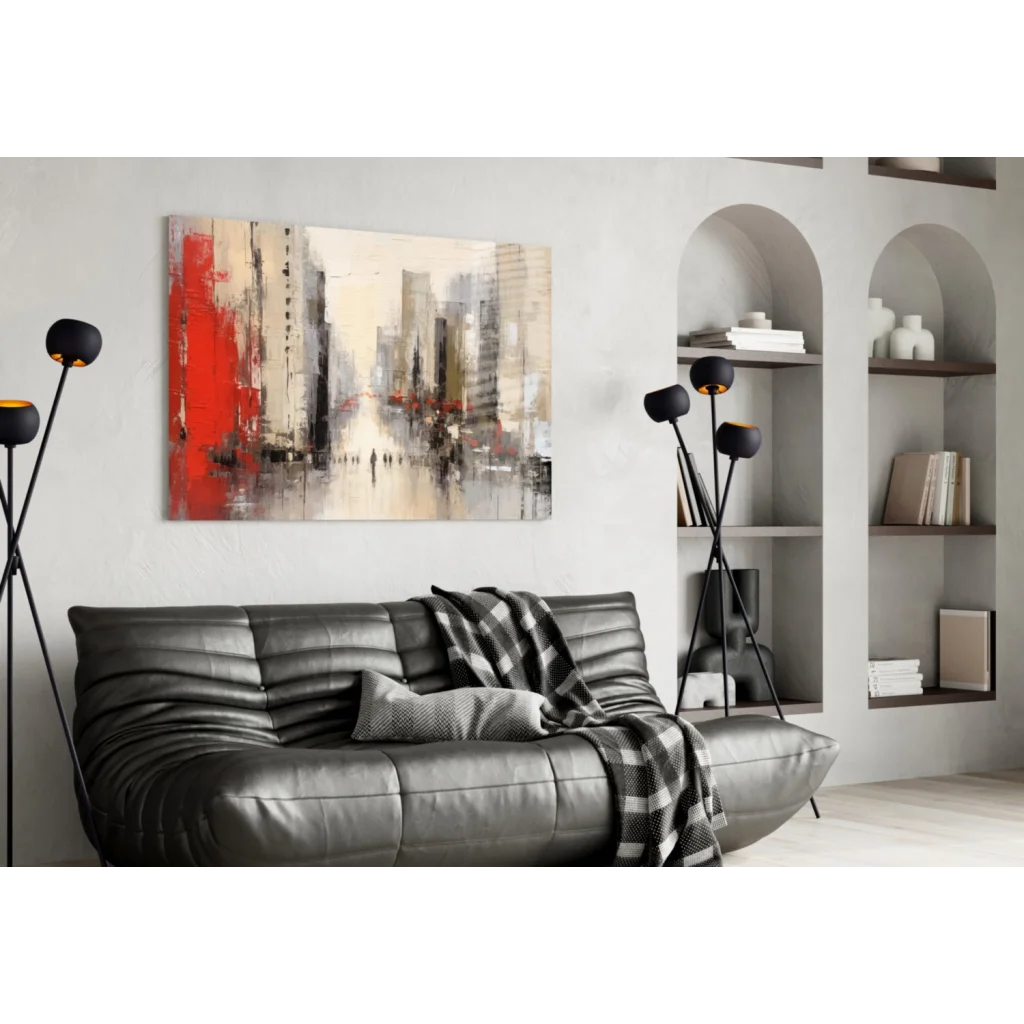 Black leather sofa with plaid throw and bold red cityscape glass wall art