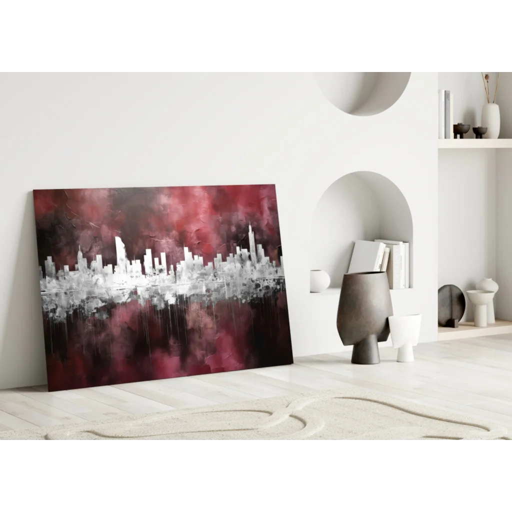Bold red and black glass wall art of abstract urban skyline