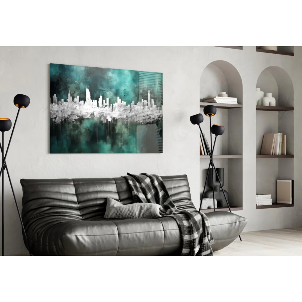 Stunning Teal Cityscape Glass Wall Art for Modern Spaces | Contemporary Home Wall Art | vintageantiquesgifts.com
