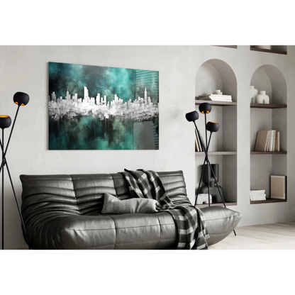 Stunning Teal Cityscape Glass Wall Art for Modern Spaces | Contemporary Home Wall Art | vintageantiquesgifts.com