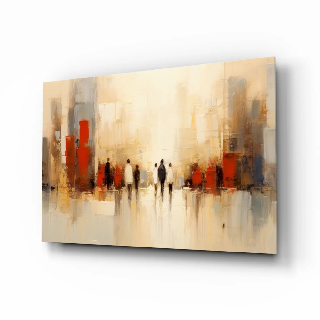 Abstract urban figures glass wall art in bold red and beige tones