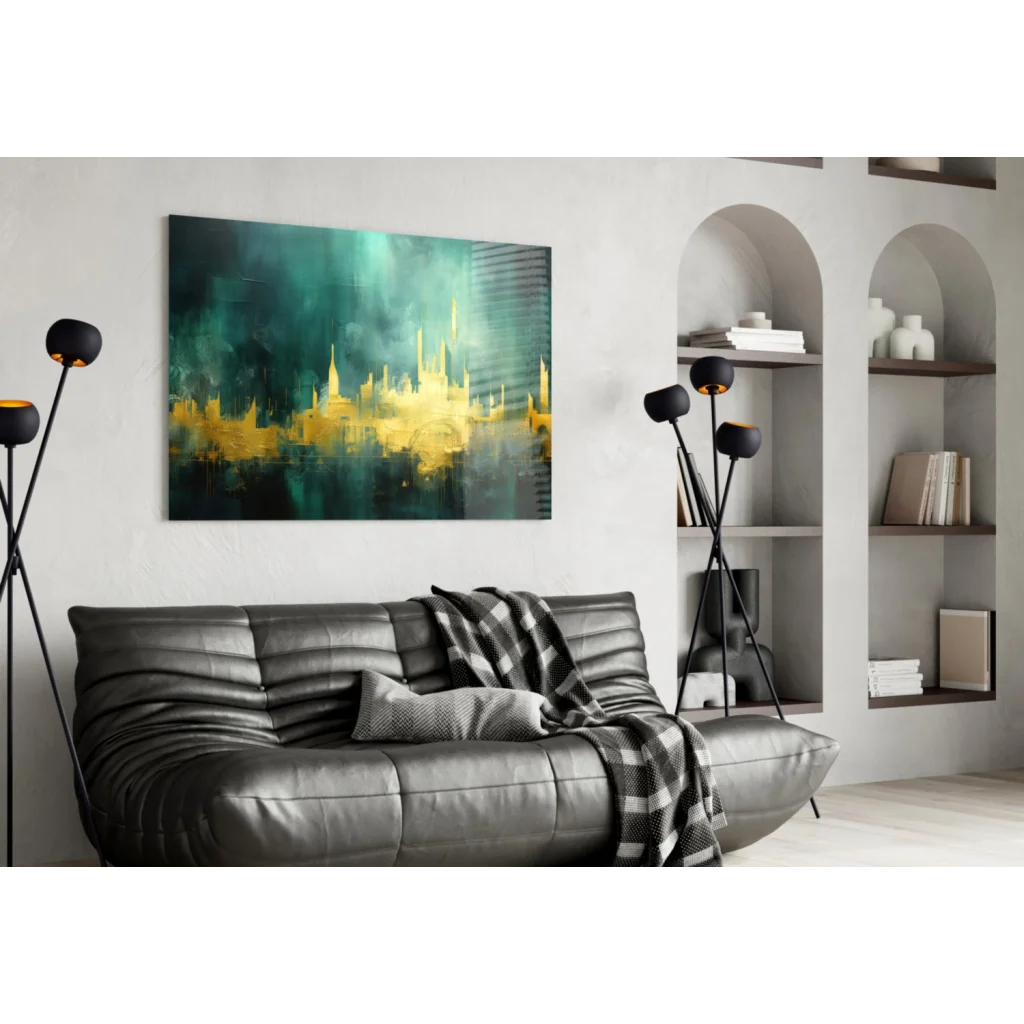 Golden cityscape glass wall art on teal canvas above black sofa