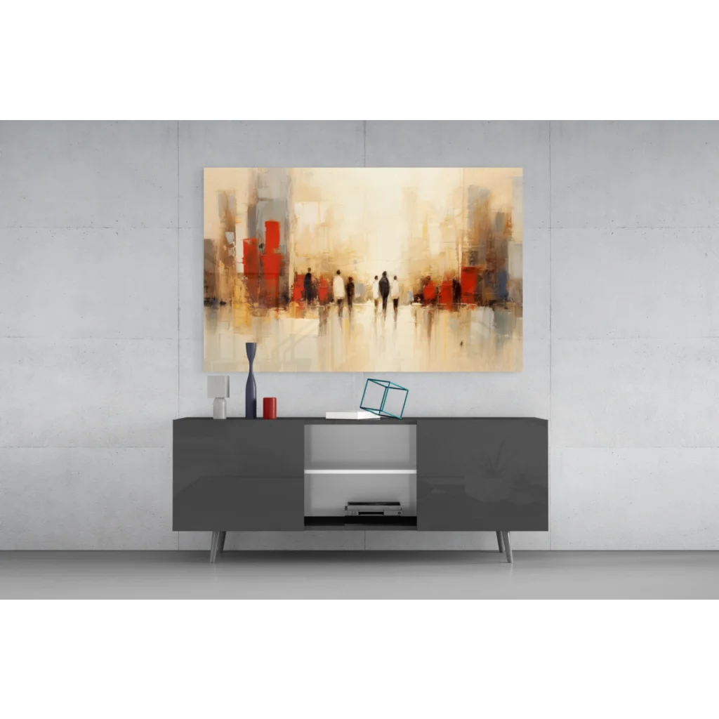 Urban Figures glass wall art: abstract cityscape in bold red and beige