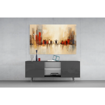 Urban Figures glass wall art: abstract cityscape in bold red and beige
