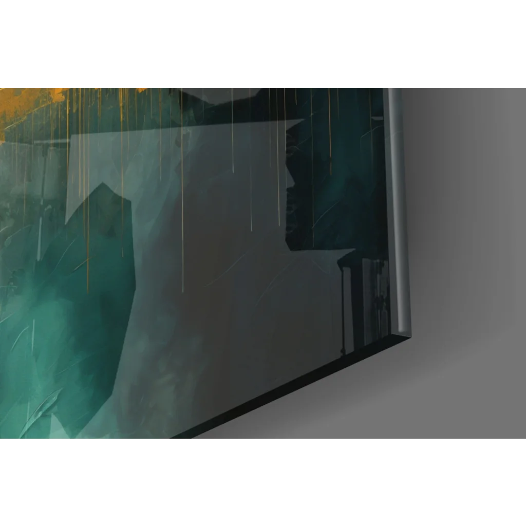 Teal abstract canvas wall art of rainy urban cityscape in gray black hues