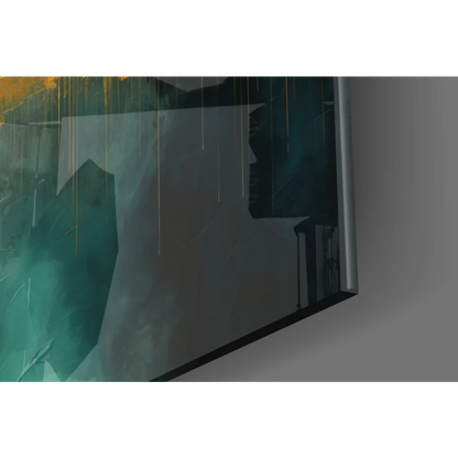 Teal abstract canvas wall art of rainy urban cityscape in gray black hues