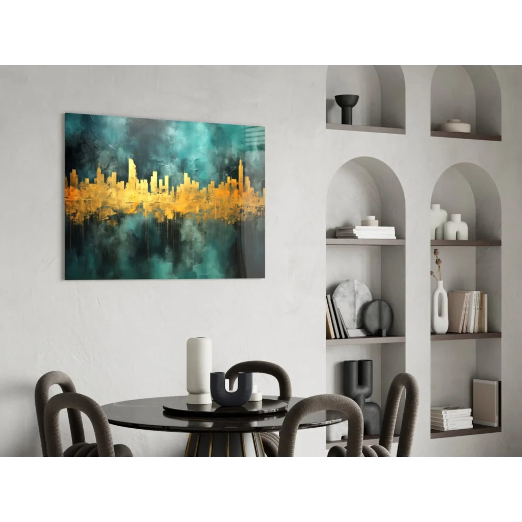 Vibrant teal and gold abstract cityscape canvas wall art