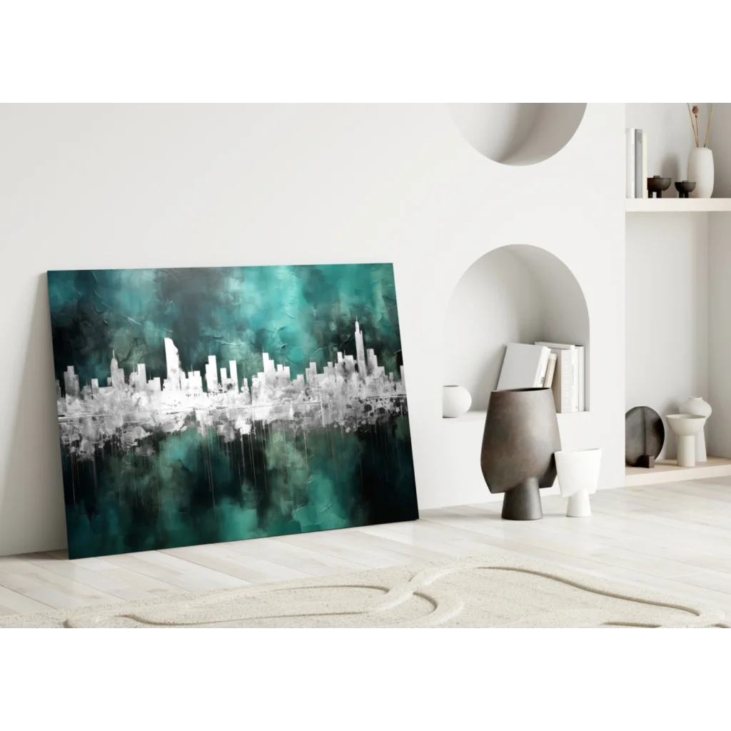 Stunning Teal Cityscape Glass Wall Art for Modern Spaces | Modern Wall Art Decor | vintageantiquesgifts.com