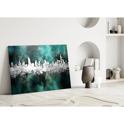 Stunning Teal Cityscape Glass Wall Art for Modern Spaces | Modern Wall Art Decor | vintageantiquesgifts.com