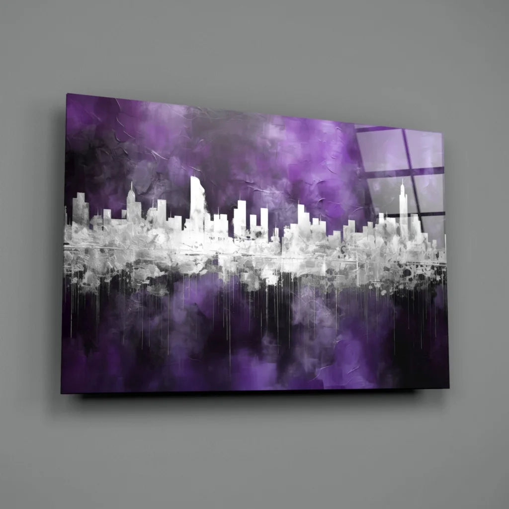 Stunning purple cityscape wall art with water reflections on canvas