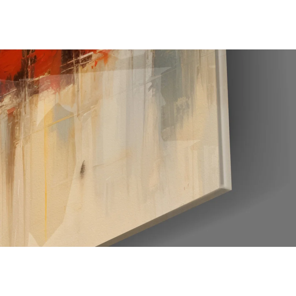 Bold red and beige abstract glass wall art with textured brushstrokes