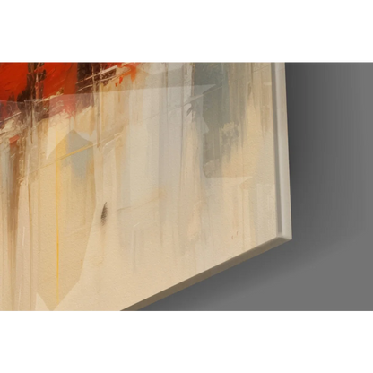 Bold red and beige abstract glass wall art with textured brushstrokes