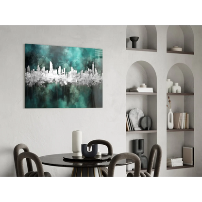 Stunning teal cityscape glass wall art on canvas