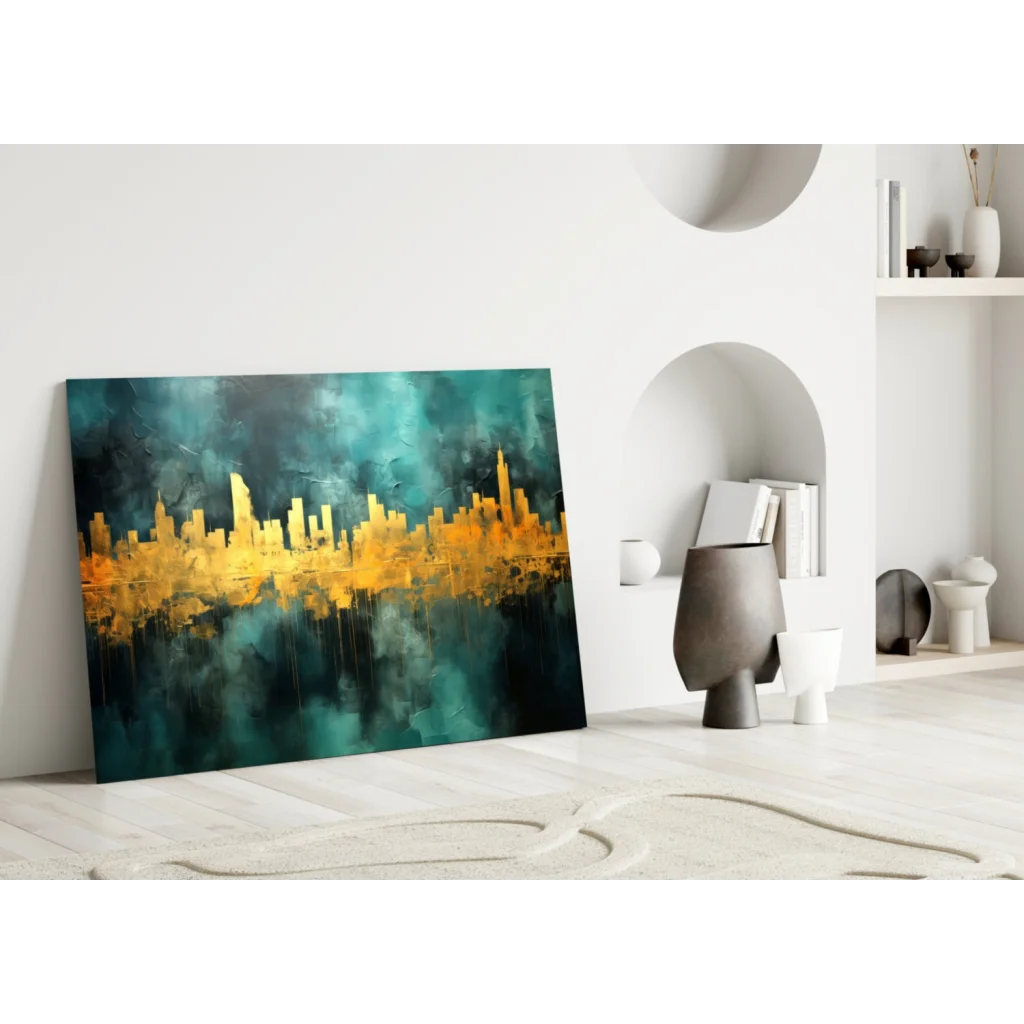Golden Cityscape Teal Abstract Canvas Wall Art | Modern Wall Art Decor | vintageantiquesgifts.com