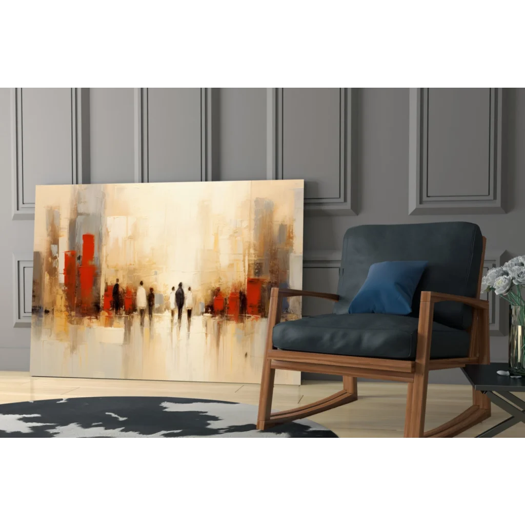Abstract urban figures glass wall art with bold red beige strokes