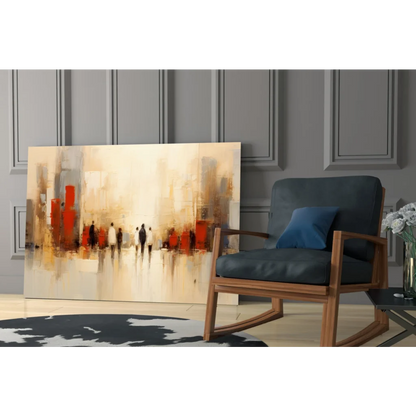Abstract urban figures glass wall art with bold red beige strokes