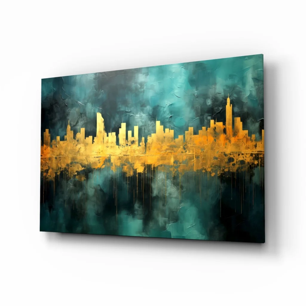 Golden Cityscape Teal Abstract Canvas Wall Art | Insigneart USA | vintageantiquesgifts.com