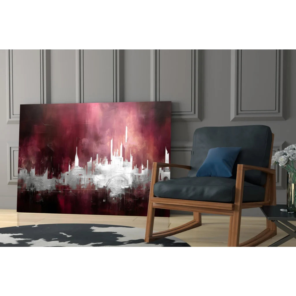 Bold red abstract cityscape glass wall art with textured finish