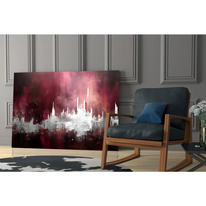 Bold red abstract cityscape glass wall art with textured finish