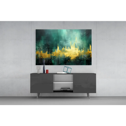 Vibrant teal and golden-yellow glass wall art of abstract cityscape