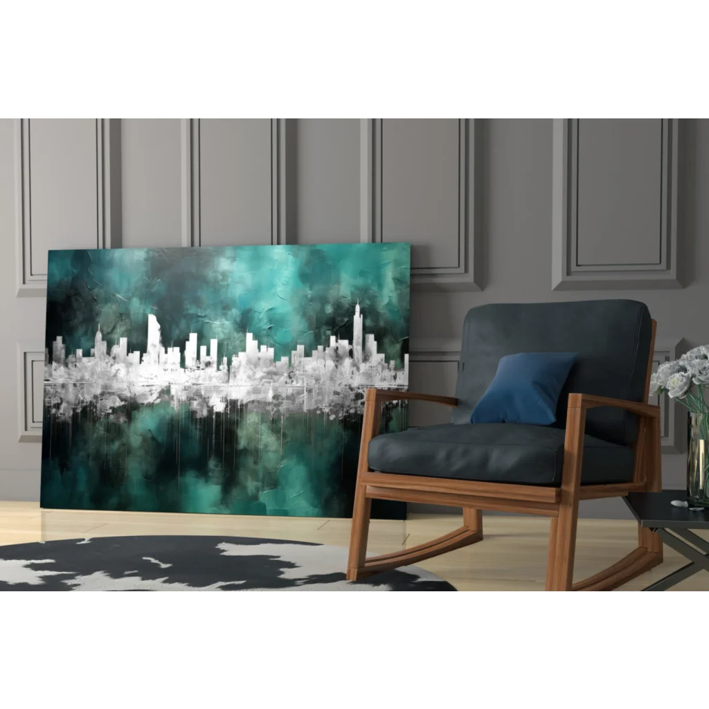 Stunning teal and white abstract cityscape glass wall art