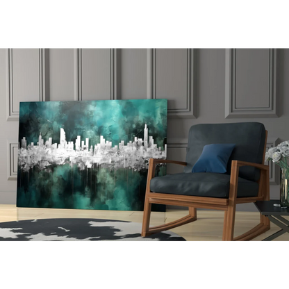 Stunning teal and white abstract cityscape glass wall art