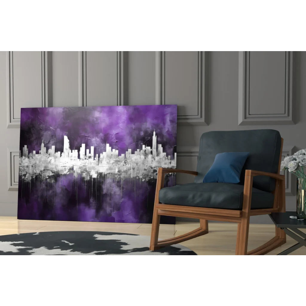 Purple and white abstract cityscape canvas wall art with water reflections