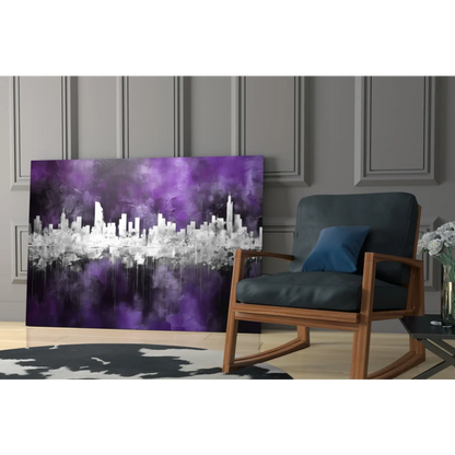 Purple and white abstract cityscape canvas wall art with water reflections