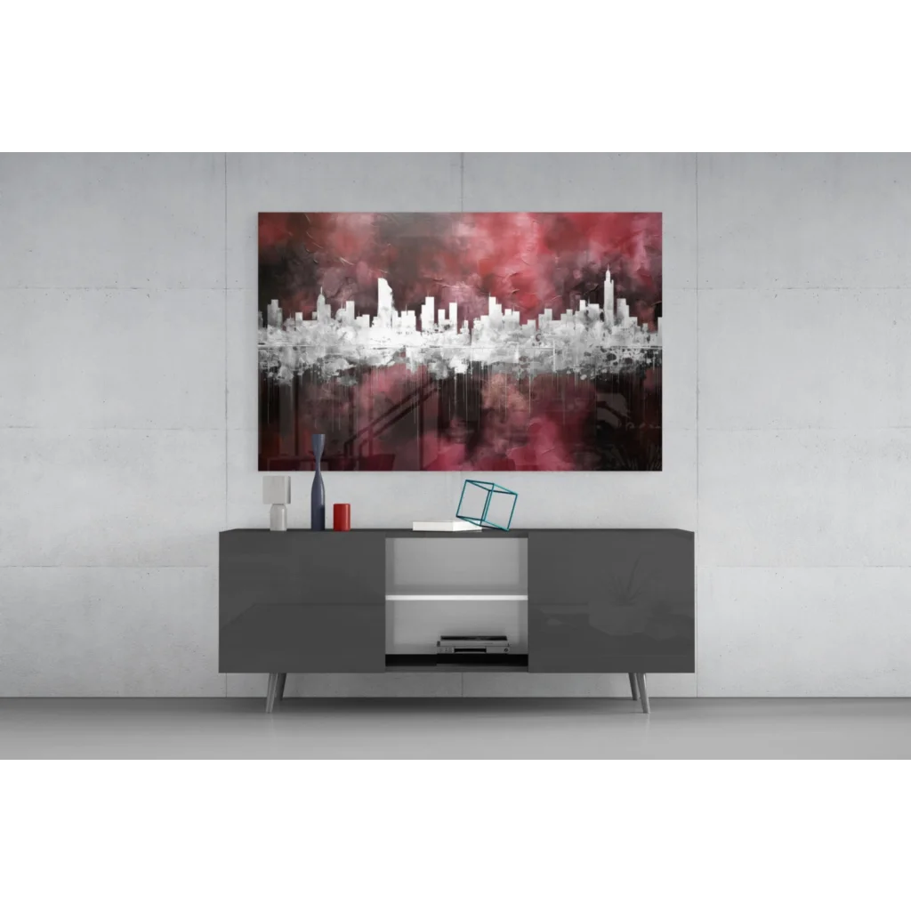 Modern glass wall art of abstract cityscape with bold red and black