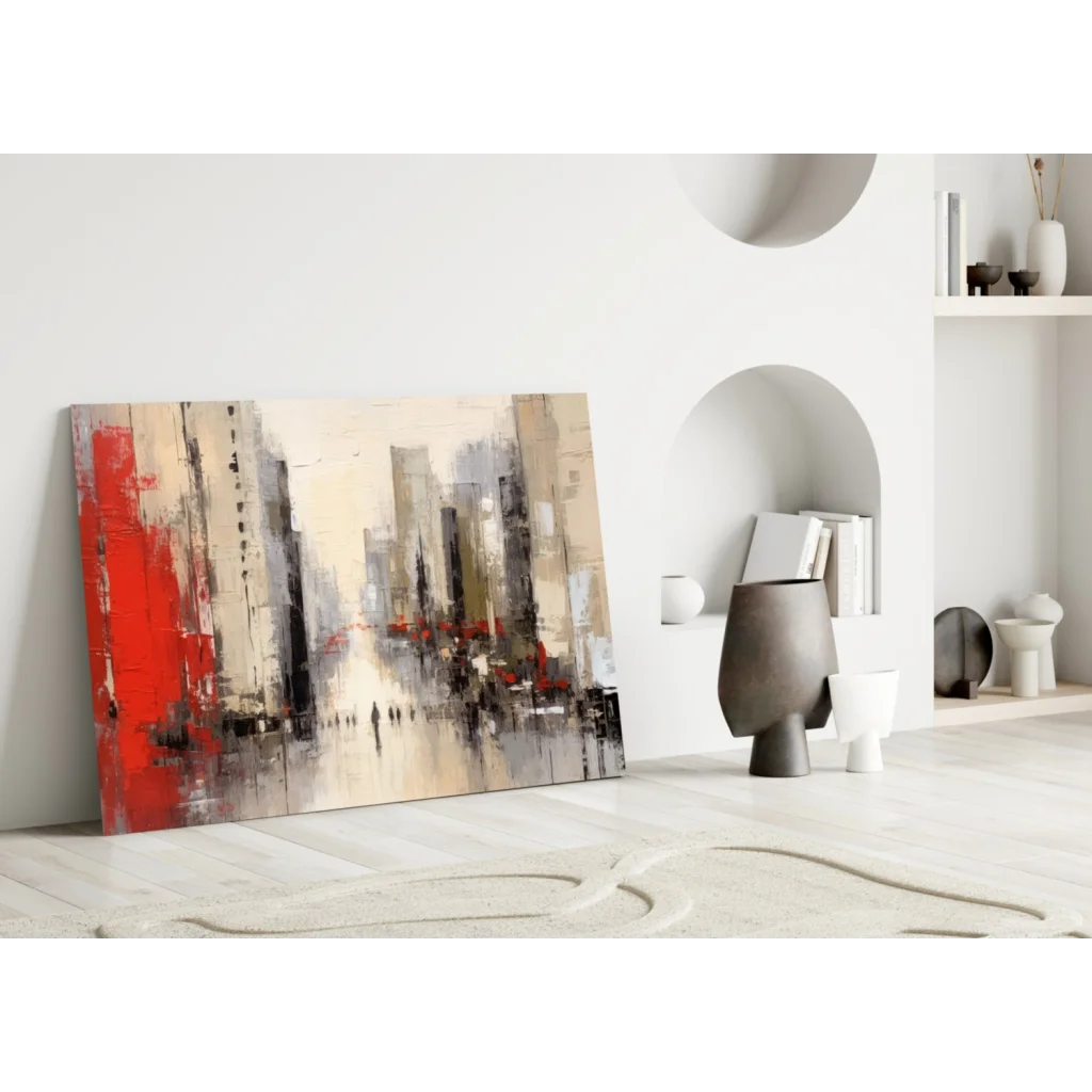Bold red cityscape glass wall art with textured strokes